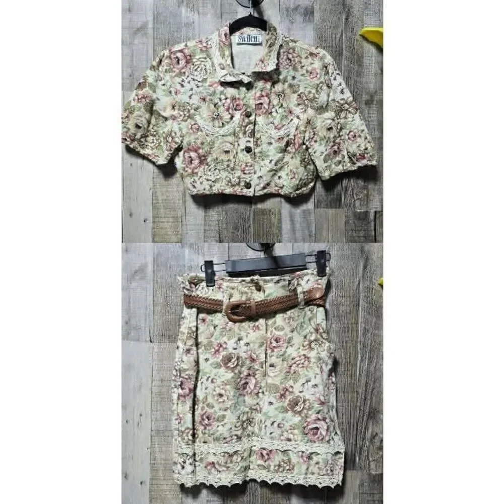 Switch Vintage 90s Floral Tapestry Cropped Skirt Suit M/9 Cottage Retro Femme